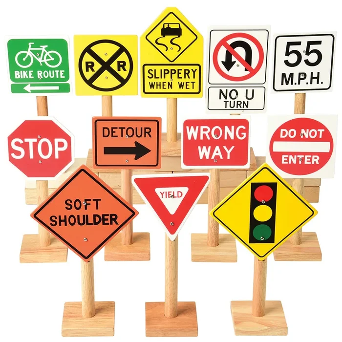 12-Piece Large Wooden International Traffic Sign Set | 11″ Signs on 3″ Bases for Classroom Safety Learning