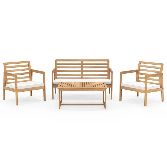4 Piece Wood Patio Conversation Set with 2 Armchairs and Coffee Table