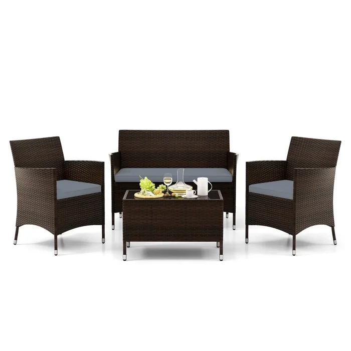 4 Pieces Comfortable Outdoor Rattan Sofa Set with Glass Table