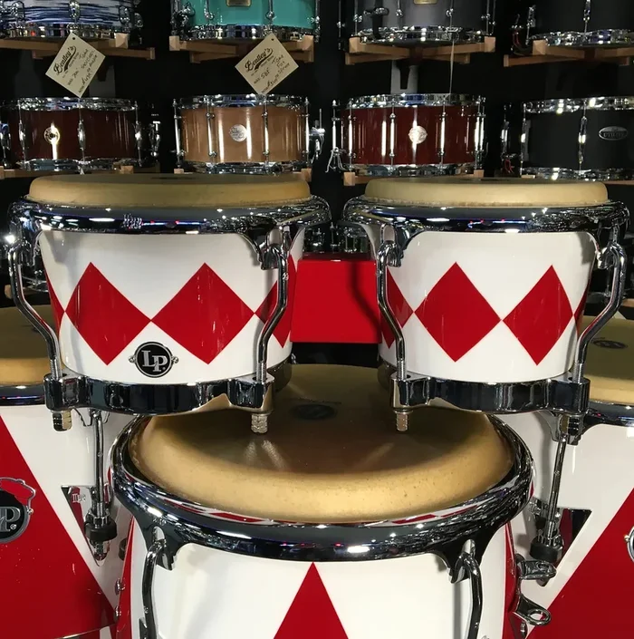 ~BENTLEY’S EXCLUSIVE~ LP Latin Percussion Fiberglass Patato Bongos in Red & White Diamond *IN STOCK*