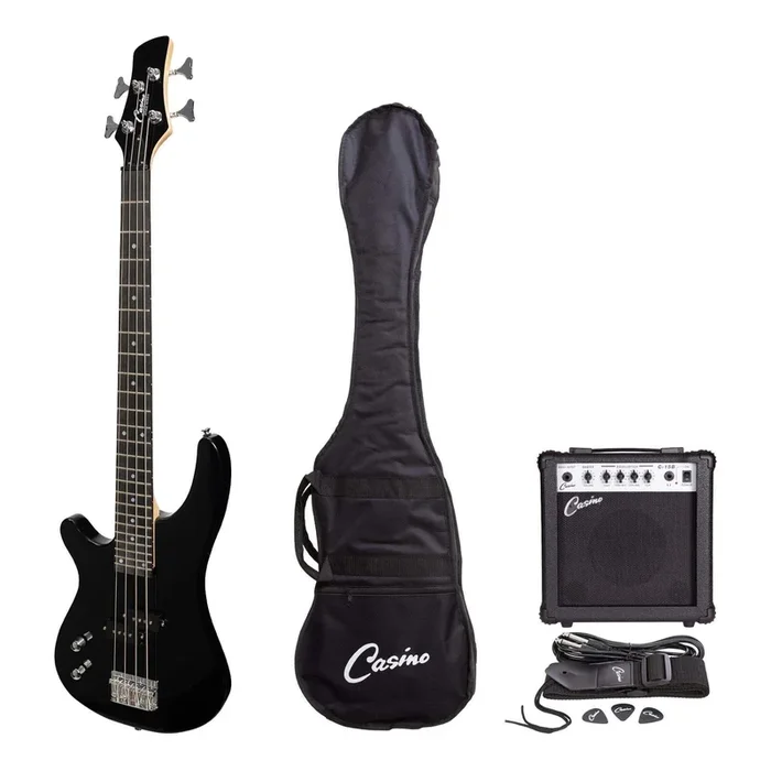 Casino ’24 Series’ Left Handed Short Scale Tune-Style Electric Bass Guitar and 15 Watt Amplifier Pack (Black)
