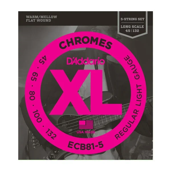 D’Addario Chromes XL Flatwound Long Scale Bass Strings – Light Gauge 5 string