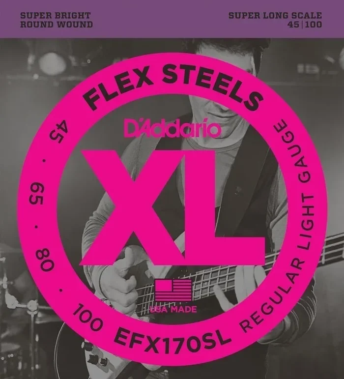 D’Addario EFX170SL FlexSteels Bass Guitar Strings, Light, 45-100, Super Long Scale