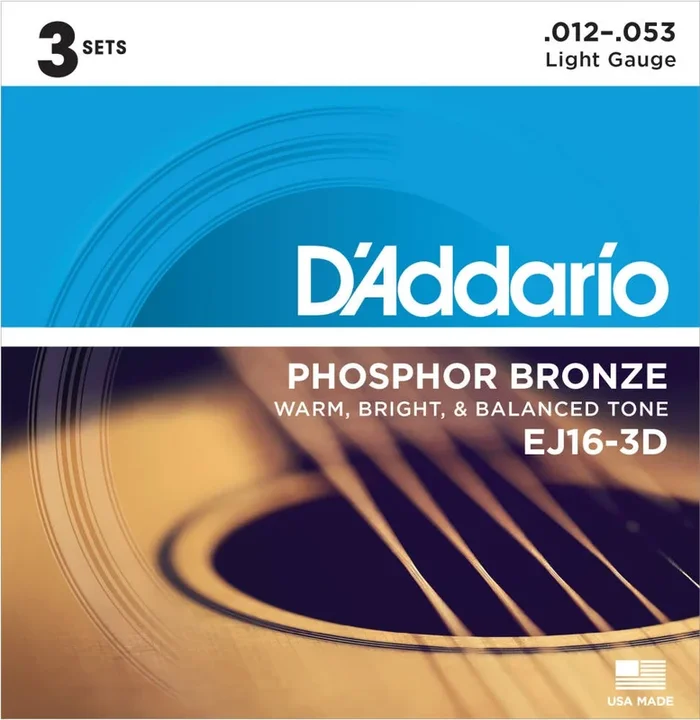 D’Addario EJ16-3D Phosphor Bronze Light Acoustic Guitar Strings – 3-Pack