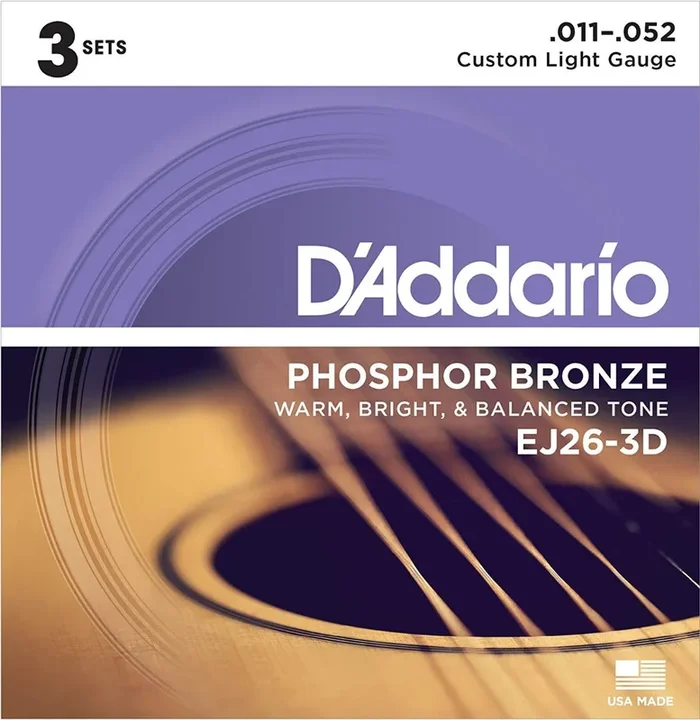 D’Addario EJ26-3D Phosphor Bronze Custom Light Acoustic Guitar Strings – 3-Pack