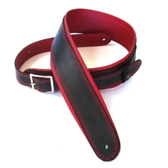 DSL Straps Premium Series Rolled Edge Leather Guitar Strap 2.5in Buckle – Black/Red