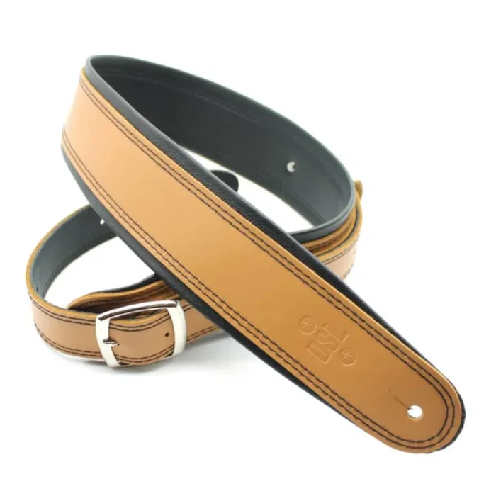 DSL Straps Premium Series Rolled Edge Leather Guitar Strap 2.5in Buckle – Tan/Black