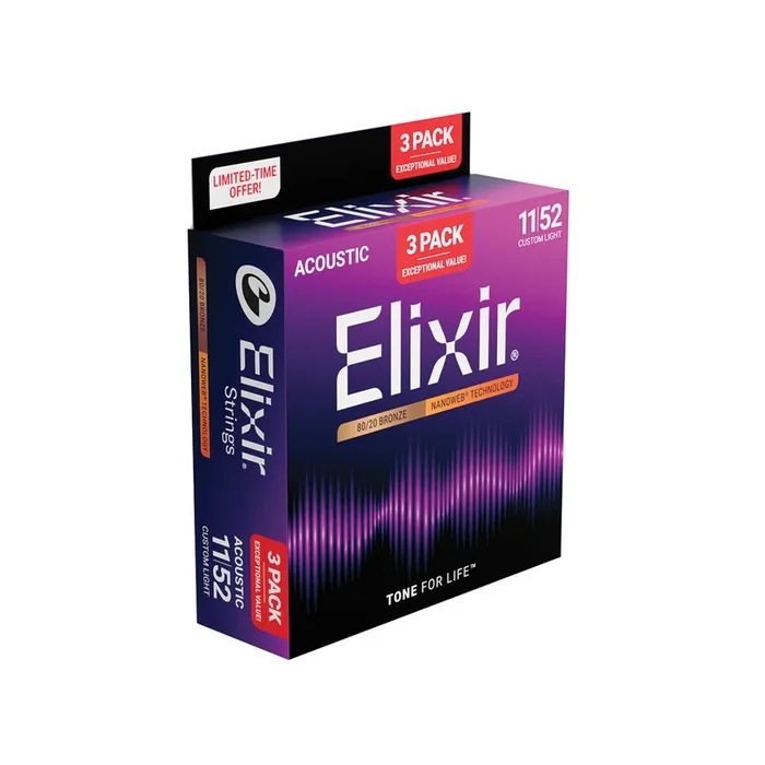 Elixir 80/20 11-52 Coated Acoustic Guitar String 3 Pack