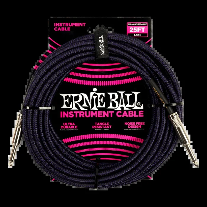 Ernie Ball 25ft Braided Straight Straight Instrument Cable Purple Black
