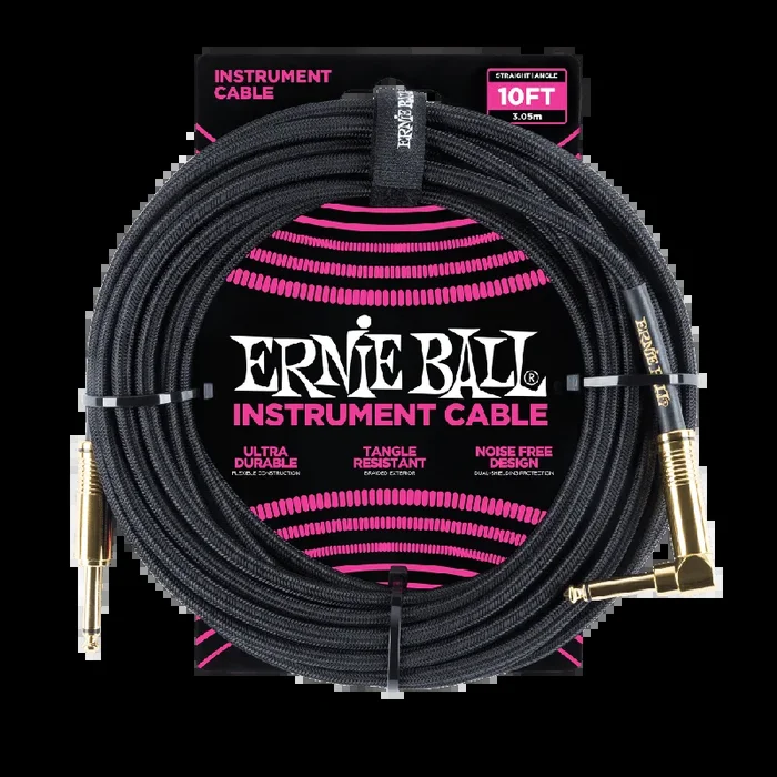 Ernie Ball 3 Meters Braided Straight / Angle Instrument Cable, Black