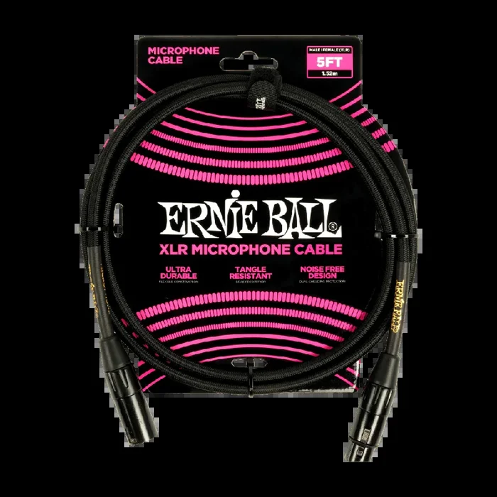 Ernie Ball 5ft Braided Male Female XLR Microphone Cable Black
