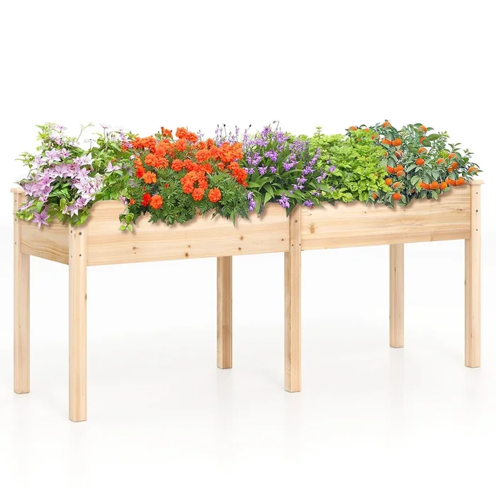 Fir Wood Outdoor Raised Garden Bed with Divider Panel and Drainage Holes