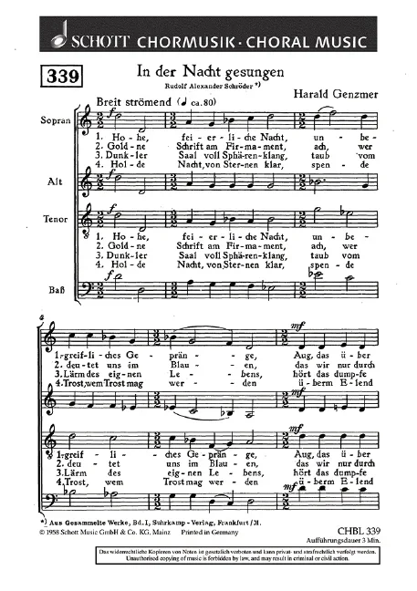 Genzmer, Harald : Genzmer, Harald : In der Nacht gesungen, “Hohe, feierliche Nacht” – mixed choir – Schott Digital