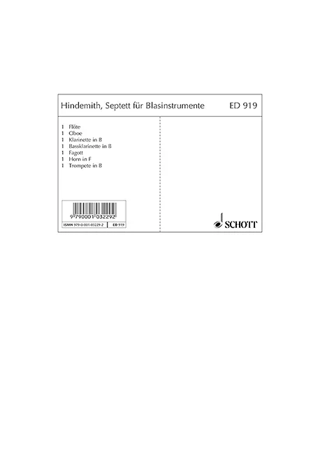 Hindemith, Paul : Hindemith, Paul : Wind Septet, – Flute, Oboe, Clarinet, Trumpet, French Horn, Bass-Clarinet and Bas