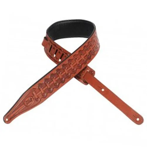 Levys 2.5 Inch Carving Leather Guitar Strap Tooled Bootlace Design in Walnut – M17T08WAL