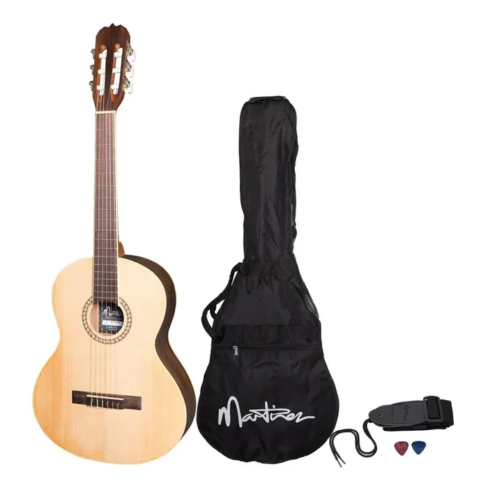Martinez ‘Slim Jim’ 3/4 Size Beginner Exotic Timber Slim Neck Classical Guitar Pack with Built-In Tuner (Zebrawood Natural Satin)