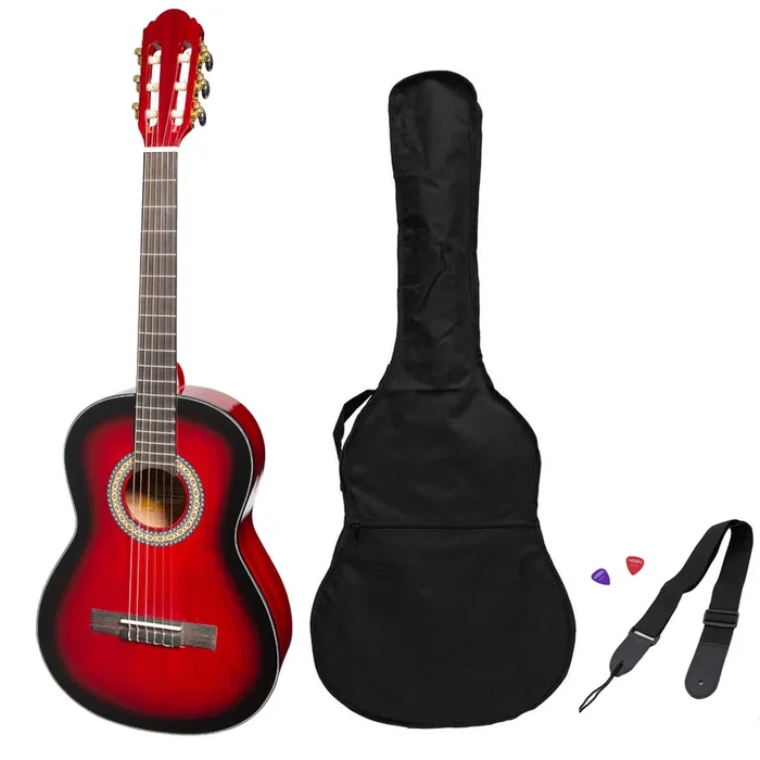Martinez ‘Slim Jim’ G-Series 3/4 Size Student Classical Guitar Pack with Built In Tuner (Trans Wine Red-Gloss)