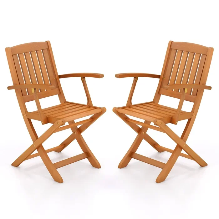 Patio Wood Folding Chair Set of 2 with Armrests and Slatted Seat