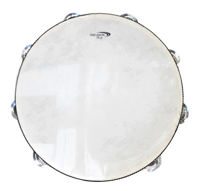Percussion Plus 10″ Wooden Tambourine with Head & 8-Double Rows of Jingles
