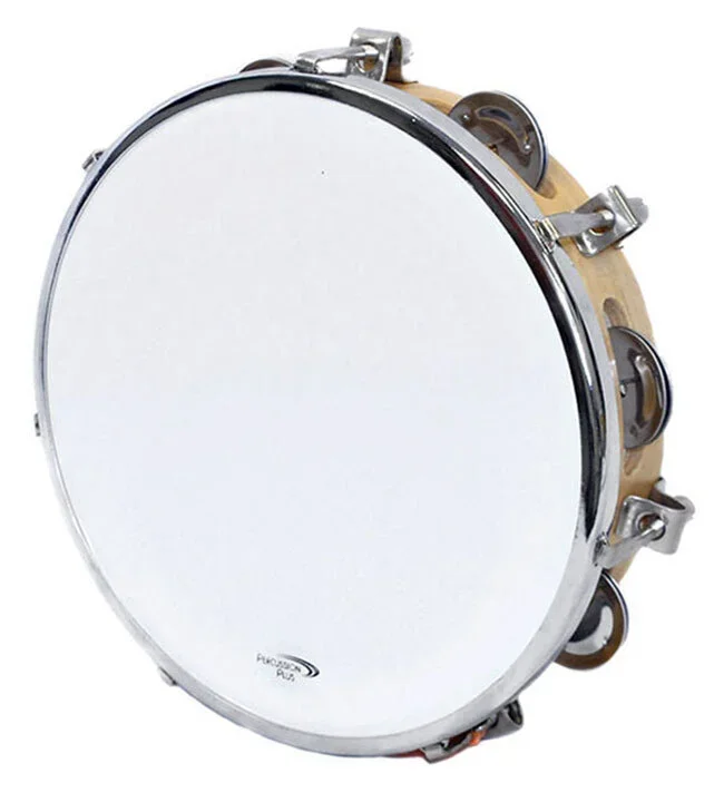 Percussion Plus 10″ Wooden Tuneable Tambourine with 8-Single Rows of Jingles