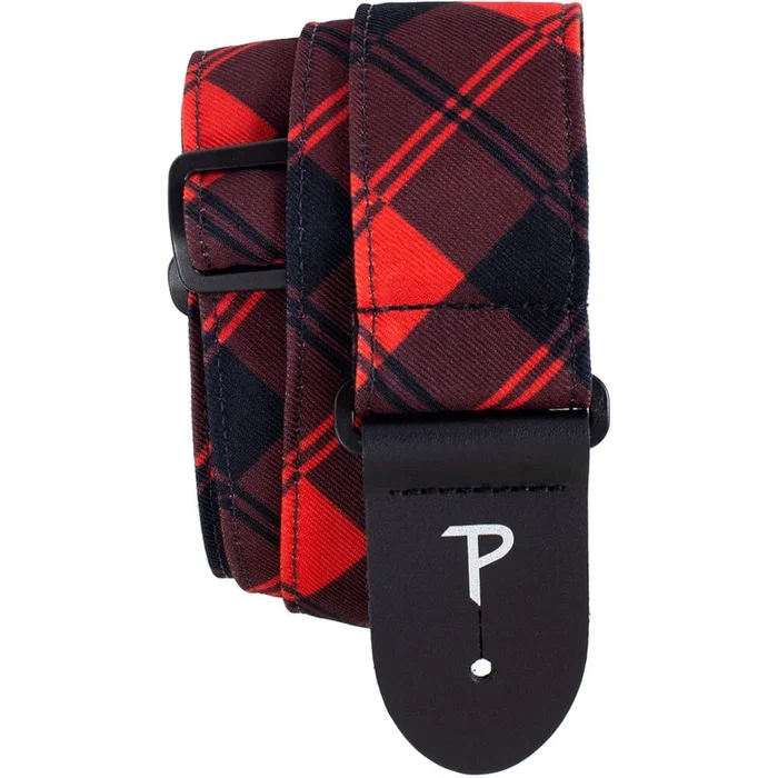 Perris 2″ Dye-Sub Poplin Fabric “Red/Black Plaid” design Guitar Strap with Leather ends