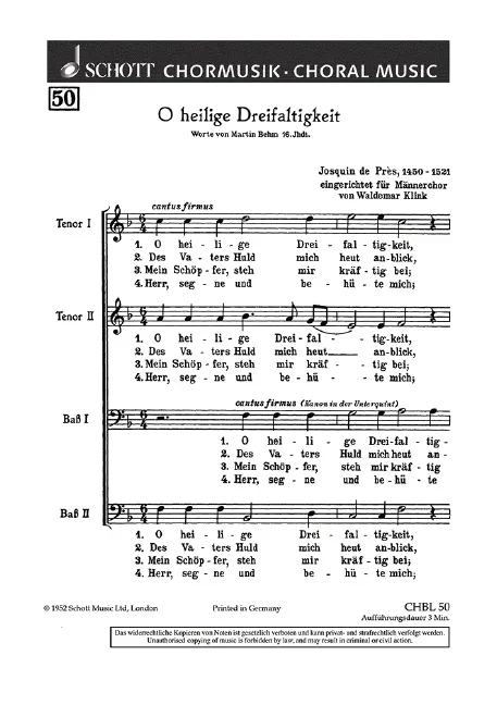 Préz, Josquin des : Préz, Josquin des : O heilige Dreifaltigkeit, (16. Jh.) – men’s choir (TTBB) – Schott Digital