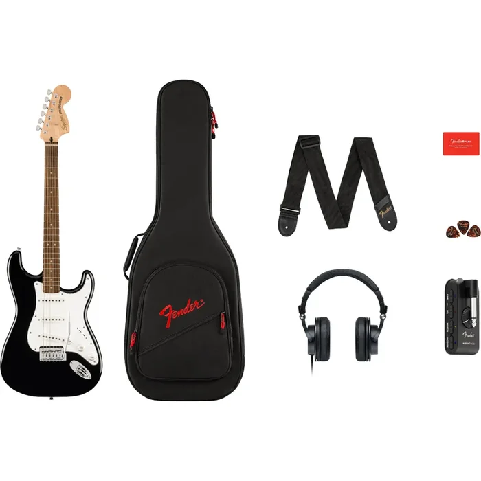 Squier Affinity Series Stratocaster Mustang Micro Pack – Laurel Fingerboard, Black