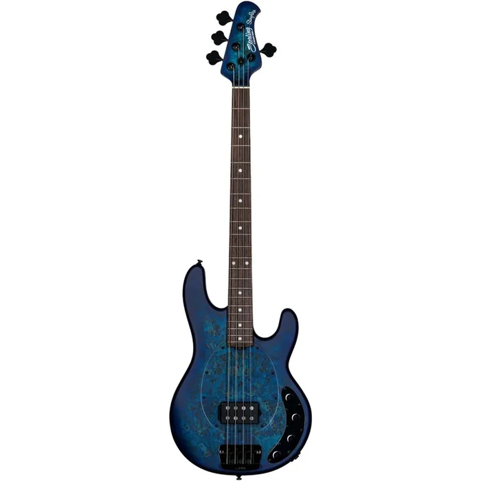 Sterling by Music Man SBMM StingRay RAY34 Poplar Burl, Neptune Blue Satin Bass