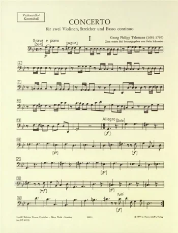 Telemann : Concerto In G Minor: Cello And Double Bass Parts Only (peters)