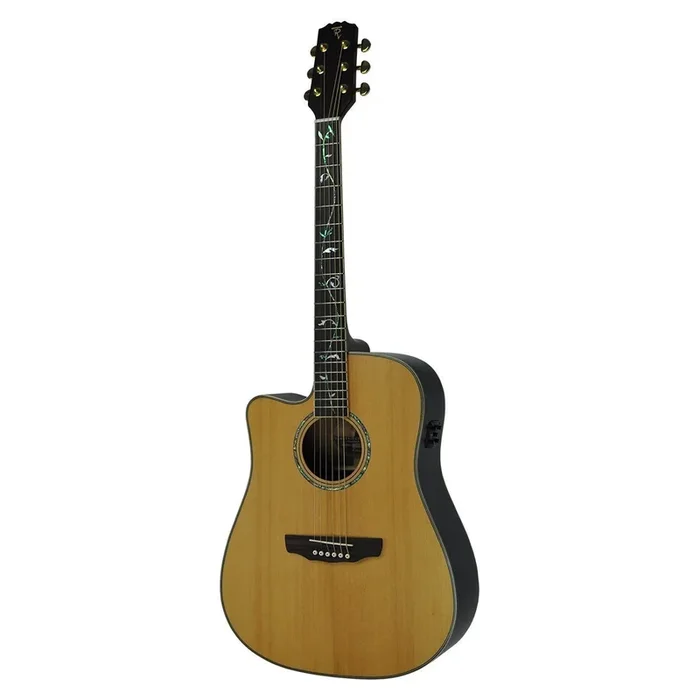 Timberidge ‘3 Series’ Left Handed Spruce Solid Top Acoustic-Electric Dreadnought Cutaway Guitar with ‘Tree of Life’ Inlay (Natural Satin)