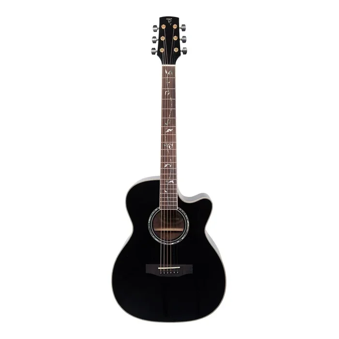 Timberidge ‘3 Series’ Spruce Solid Top Acoustic-Electric Small Body Cutaway Guitar with ‘Tree of Life’ Inlay (Black Gloss)