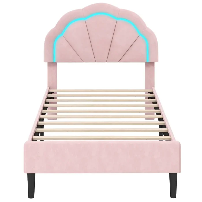 Twin Size Upholstered LED Bed Frame with Adjustable Flower Headboard and Metal Support Legs