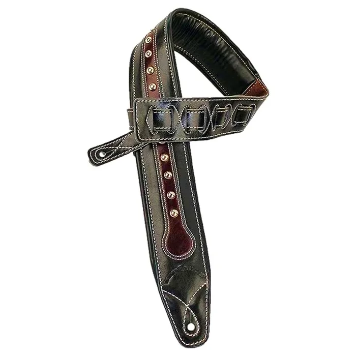 Walker & Williams Insert Round Studs Guitar Strap in Black w/Brown – C35C
