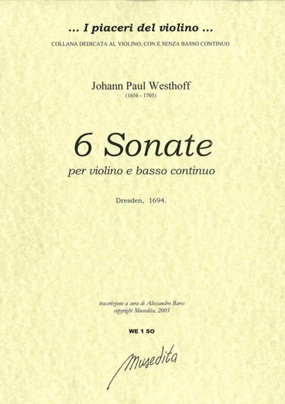 Westhoff – 6 Sonatas Violin/Bc (Dresden 1694) (Softcover Book)