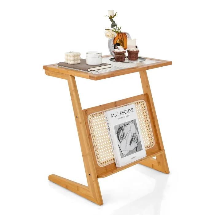 Z-shaped End Table with Magazine Rack and Rattan Shelf