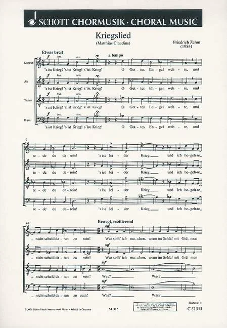 Zehm, Friedrich : Zehm, Friedrich : Kriegslied, (Song of War) – mixed choir a cappella – Schott Digital